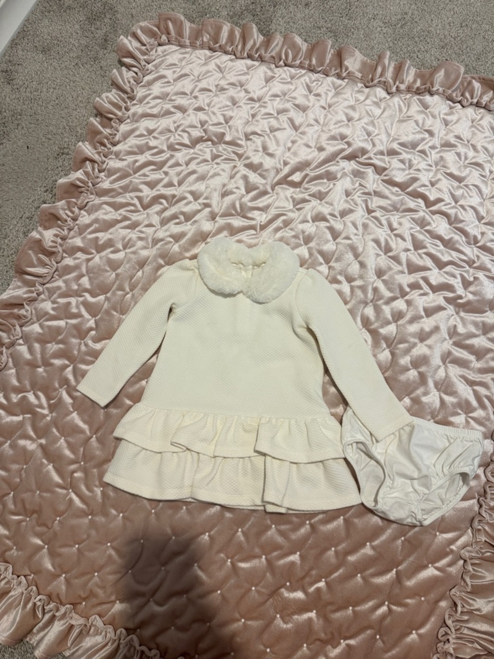 Janie and Jack Cream Textured Ruffle Dress with Faux Fur Collar